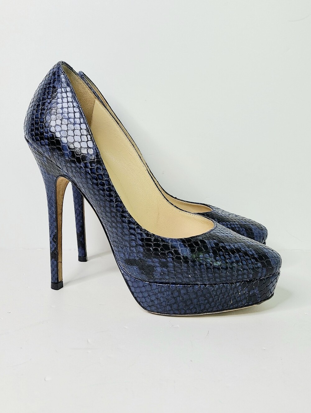 Jimmy Choo London Cosmic Navy Embossed Snakeskin Print Leather Platform Pumps